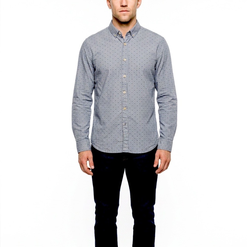 Denim & Flower Shirt Men’s Small Blue Stripes And Dots Paisley Flip Long Sleeves